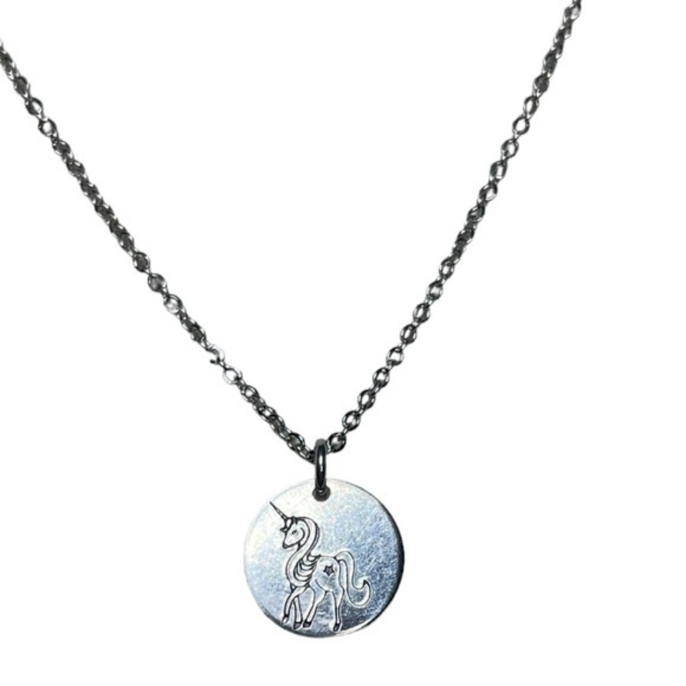 Handmade stamped unicorn silver pendant 20 inch stainless steel chain necklace
